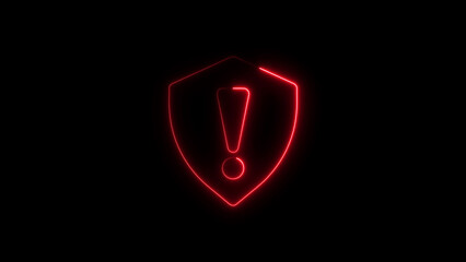 Neon shield warning symbol with exclamation point against a black backdrop