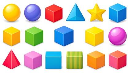 Colorful 3D geometric shapes on a white background