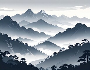 白黒　風景　山　イラスト