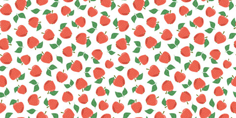 Pattern red apples, fruits, leaves. Doodle, drawing. Natural food. Garden harvest. Juice ingredient. Seamless nature background.
