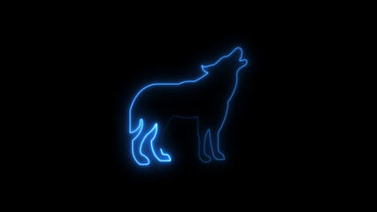 A glowing blue wolf silhouette howling against a dark black background illustrative design
