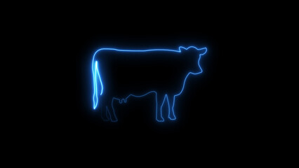 Illuminated outline of a cow in vibrant blue neon glow against a black background.