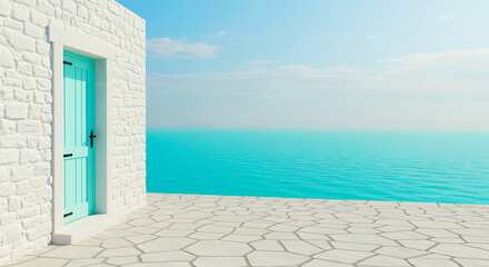 A bright turquoise door set against a white brick wall opens to a stunning view of the vast clear blue ocean under a sunny sky