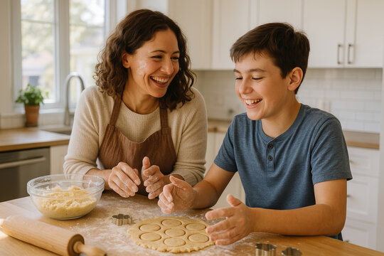 Smiling mother and son baking cookies bright modern kitchen flour on hands natural sunlight large window candid lifestyle photography photorealistic soft depth of field family moment - Powered by Adobe
