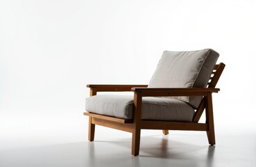 Comfortable armchair with wooden frame and light-colored cushions on a white background