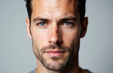 Obraz premium Close-up of a confident man with blue eyes and dark hair looking directly at the camera
