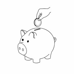 Black and white line drawing of a piggy bank with a coin held above by hand. Simple outline style, symbolizing saving money, financial habits, and budgeting. Coloring and education.