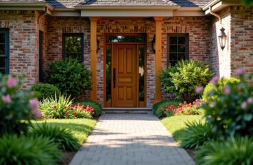 Fototapeta premium Charming brick house entrance with a wooden door and lush garden landscaping