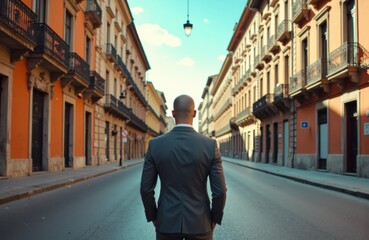 Fototapeta premium Woman in business suit walking down empty city street with historic buildings and clear sky