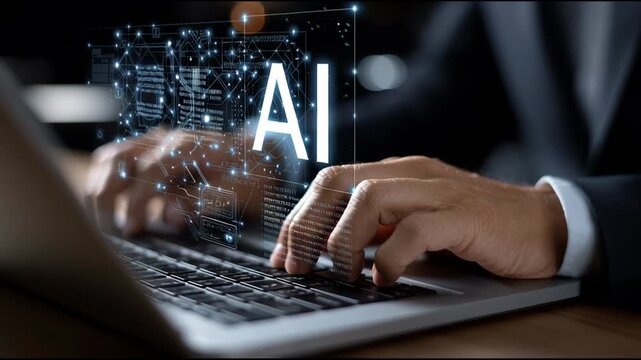 A man is typing on a laptop with the word AI on the screen
