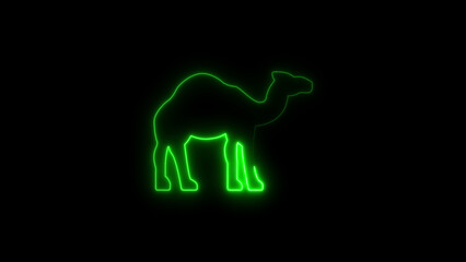 Glowing green neon silhouette of a camel against a black background illustration