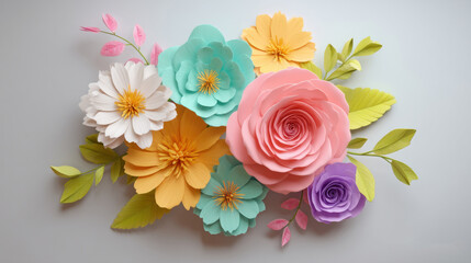A 3D-rendered stylized flat lay of various flower heads (roses, daisies, pansies), with vibrant colors and soft shading, on a light gray pastel background. The aesthetic is modern and graphic. 