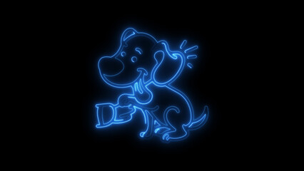 Neon blue dog cartoon design with decorative elements on black background