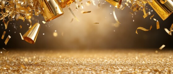 Golden celebration: sparkling party hats and confetti on glittering background