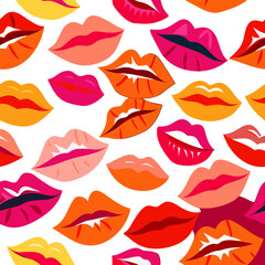 A vibrant and playful pattern of lipstick kiss marks in various shades of red, pink, and orange creating a bold and sensual background