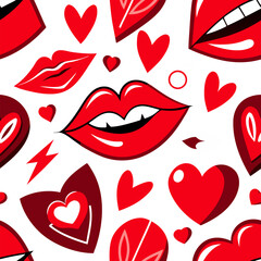 Seamless pattern with red lips, hearts, and letters in an artistic style
