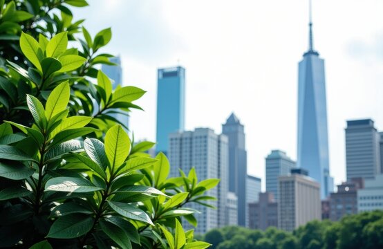 Green leafy plant with New York City skyline in the background showcasing skyscrapers and urban landscape