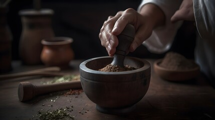 A close-up, realistic image of hands grinding spices in a mortar and pestle, with aromatic herbs and spices being crushed, capturing the essence of traditional cooking methods.