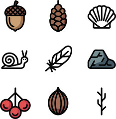 Nature icons acorn pinecone seashell snail feather rock berries