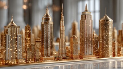Gold City Skyline Model Miniature in Elegant Office Display