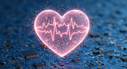 Pink glowing heart with heartbeat line on circuit board background, representing digital health, technology, or Valentine's Day concept