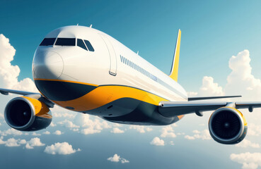 A commercial airplane flying through a bright sky with scattered clouds