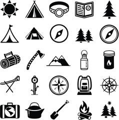 Fototapeta premium Black and white camping adventure icons depicting outdoor recreation and exploration