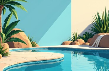 Fototapeta premium A swimming pool surrounded by tropical plants and rocks in a modern outdoor setting