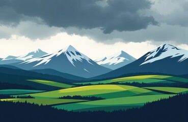 Naklejka premium Majestic snow-capped mountains overlook lush green rolling hills under a cloudy sky