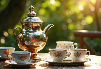 Fototapeta premium Elegant silver teapot with matching cups set outdoors on a sunny day