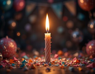 Una sola vela de cumpleaños encendida sobre un fondo oscuro, rodeada de decoraciones de fiesta
