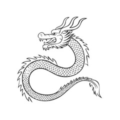 Naklejka premium Stylized Line Art Drawing of an Asian Dragon in Black and White