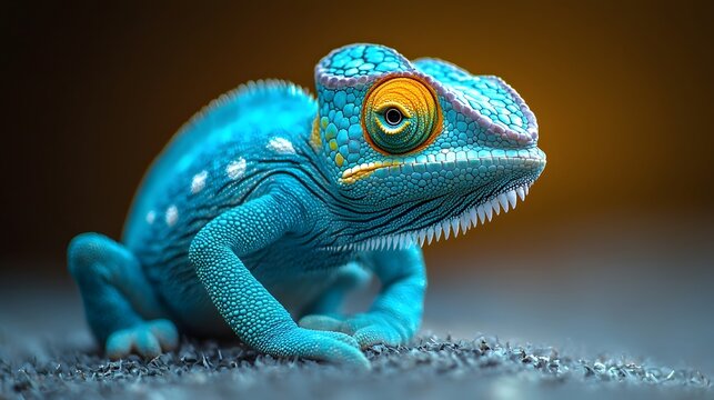 Minimalist chameleon with curled tail displays vibrant colors and quirky adaptability