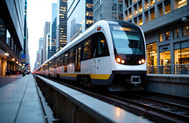 Naklejka premium Modern urban train traveling through city streets with tall buildings and busy atmosphere