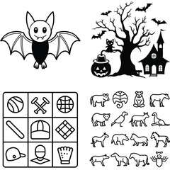 Fototapeta premium Art of a collection of black and white illustrations featuring a friendly bat, haunted house, and various animals and sports icons
