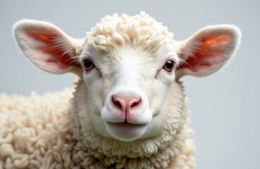 Obraz premium Cute sheep with fluffy wool and pink ears looking directly at the camera