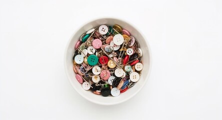 Fabric buttons and safety pins mixed in bowl on plain white background