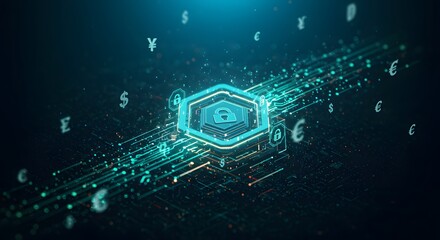 Digital security concept with a glowing hexagon, padlock icon, currency symbols, and abstract lines on a dark blue background.