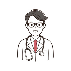 Smiling cartoon doctor wearing glasses and stethoscope professional medical healthcare illustration