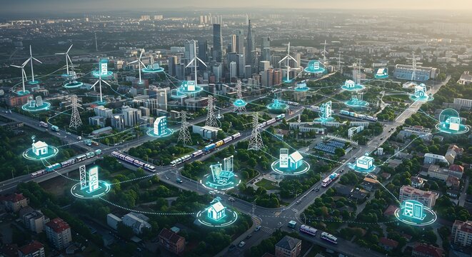 Aerial view of a modern city with futuristic digital overlays representing energy production, infrastructure, and interconnected systems. - Powered by Adobe