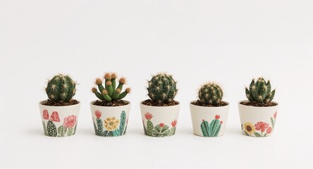Fototapeta premium Mini cacti with hand painted pots in row on plain white background