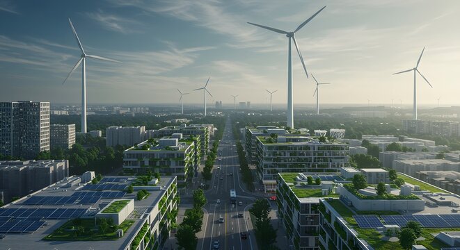 Sustainable city skyline with wind turbines and green rooftops, showcasing eco-friendly urban development.