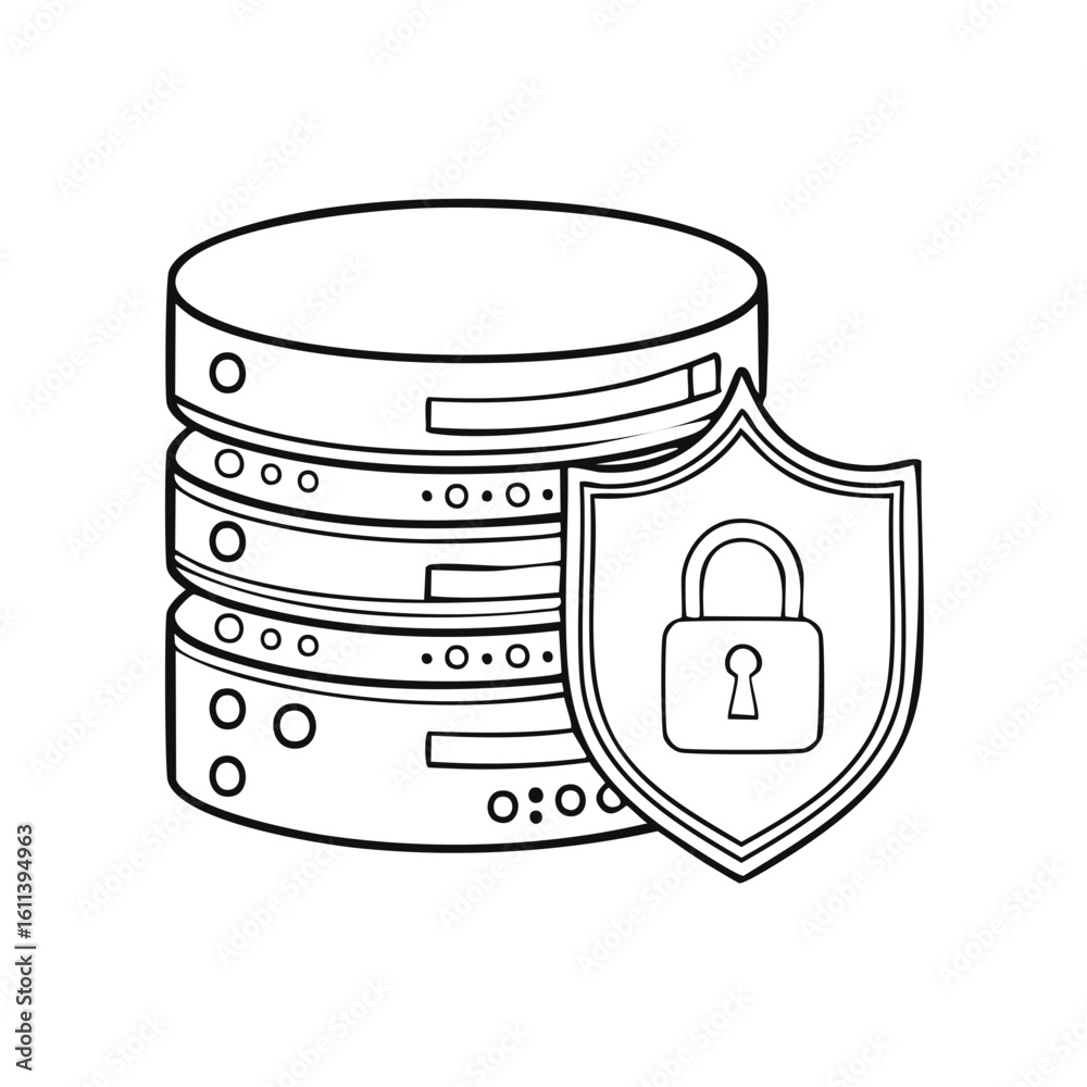 Poster line art icon of a secure database with a protective shield and padlock for cybersecurity concepts
