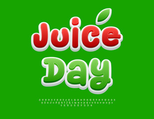 Vector Eco label Juice Day. Funny Green Font. Handwritten Alphabet Letters and Numbers set.