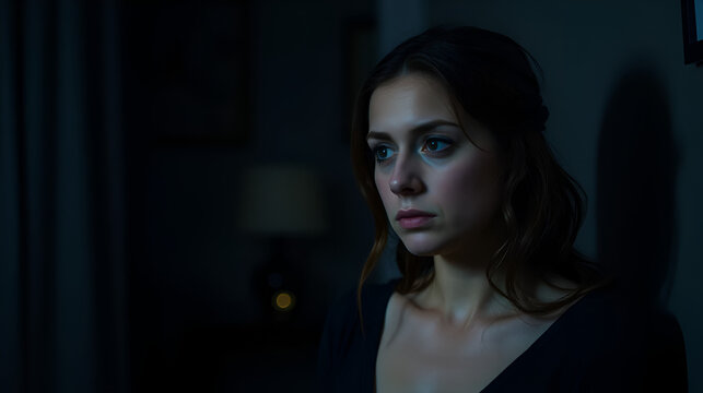 Sad pensive woman alone at home in the night