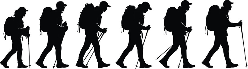 Silhouette sequence of a hiker walking with backpack and trekking poles – hiking, trekking, adventure, nature exploration vector illustration
