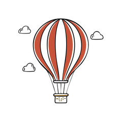 Obraz premium Striped hot air balloon illustration with clouds, voyage and adventure