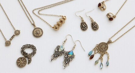 Handmade jewelry sets with earrings and charms on plain white background