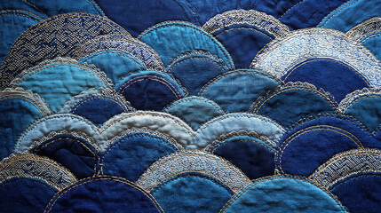 A Boro patchwork background Sashiko stitches form the traditional Seigaiha wave pattern  creating a sense of movement and flow. 3d illustration.