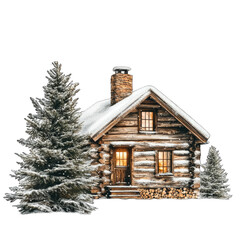A snowy log cabin with christmas trees